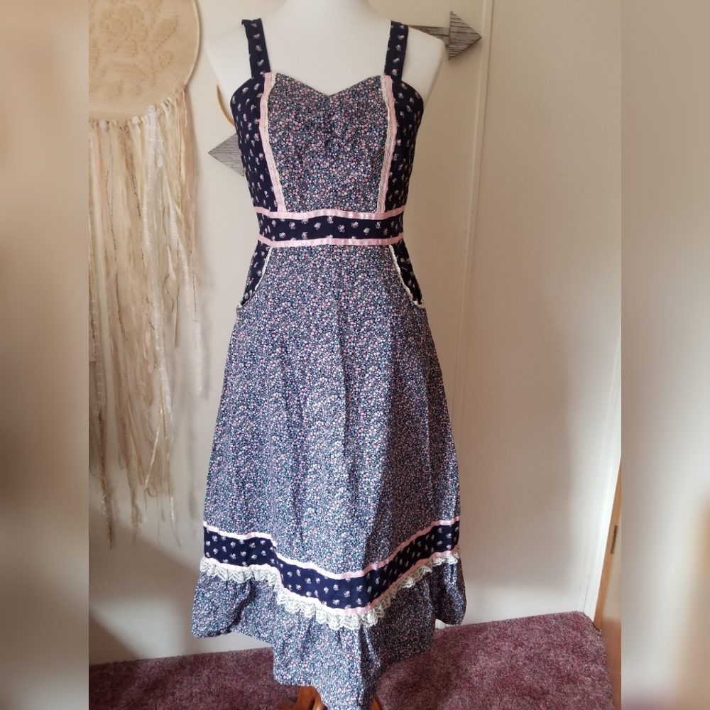 Vintage Handmade "Gunne Sax" Style Prairie Blue Calico Strap Dress XS